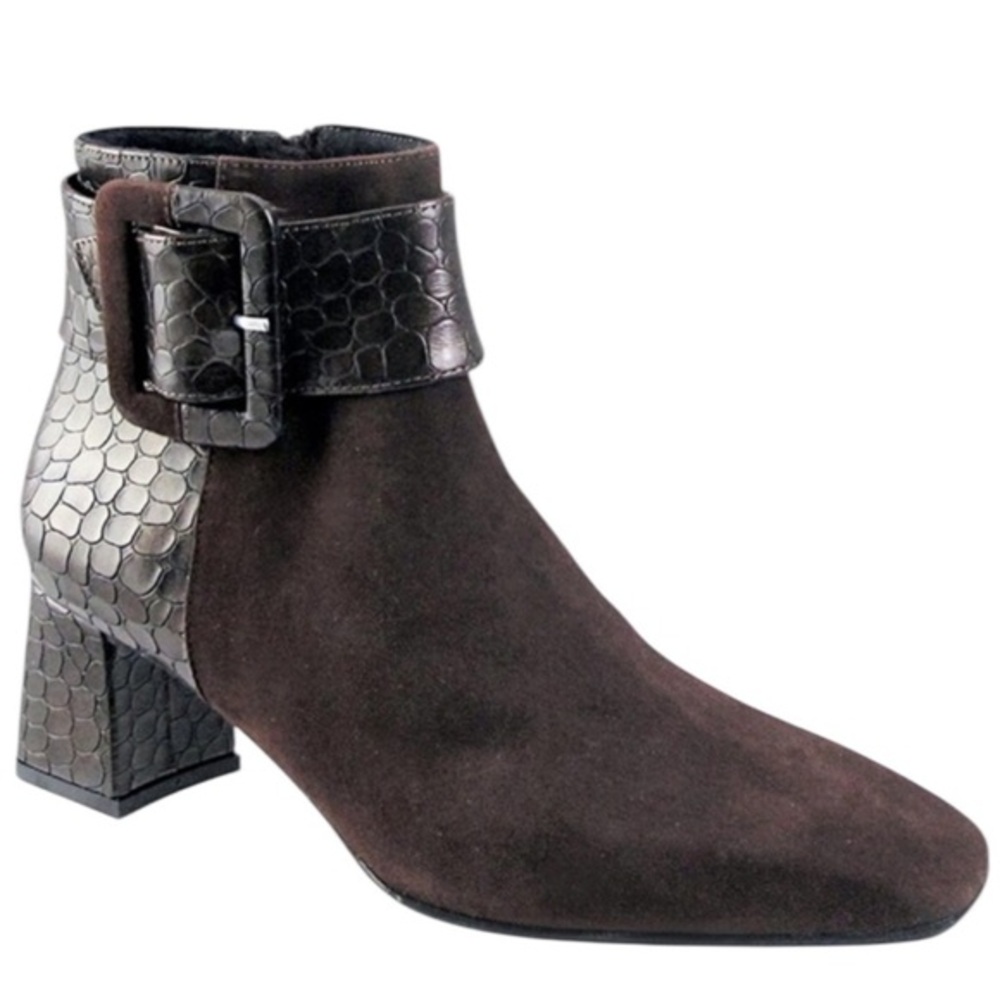 Women's Brown Suede Ankle Boot with Textured Buckle